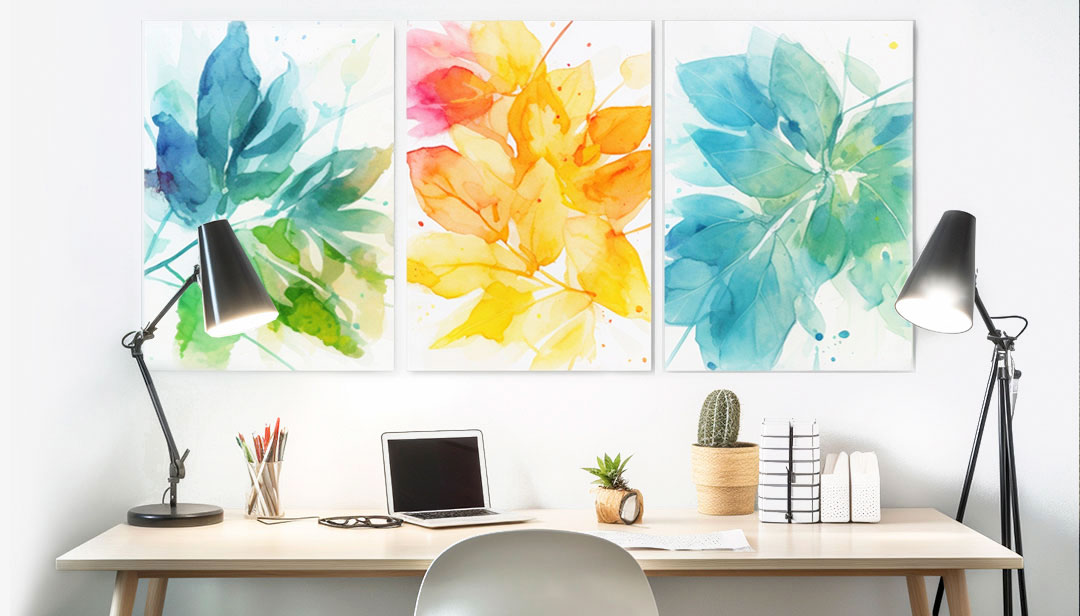 Lumaprints Fine Art Prints above desk with two lamps