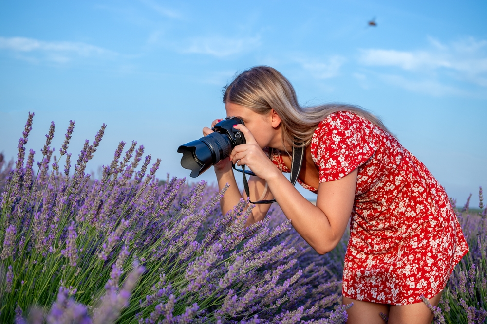 woman taking pictures of lavender